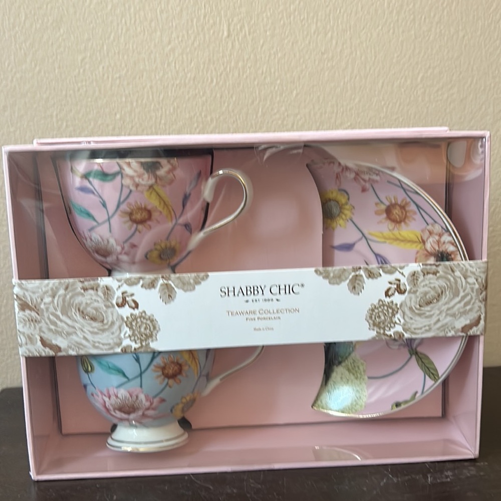 Shabby Chic Fine Porcelain Tea Cup Saucer Gift Set Of 2 Flowers Bird Blue Pink